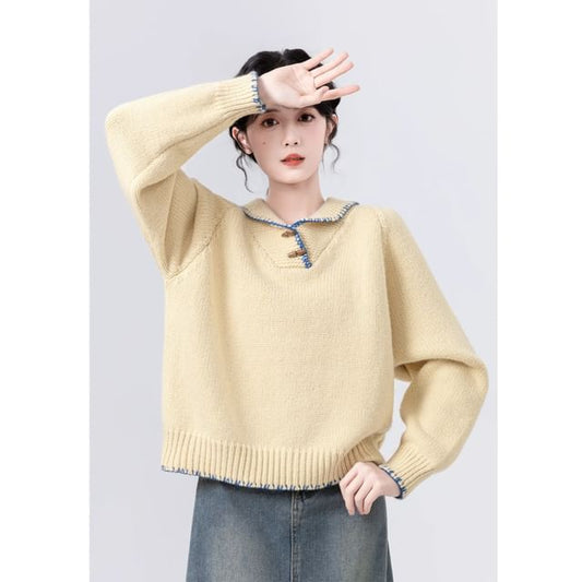 Collared Toggle-Front Knit Sweater