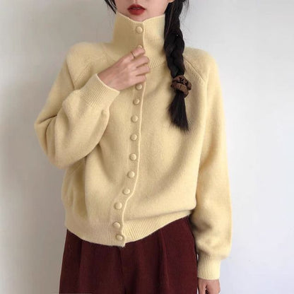 Stand Collar Plain Button Up Cardigan
