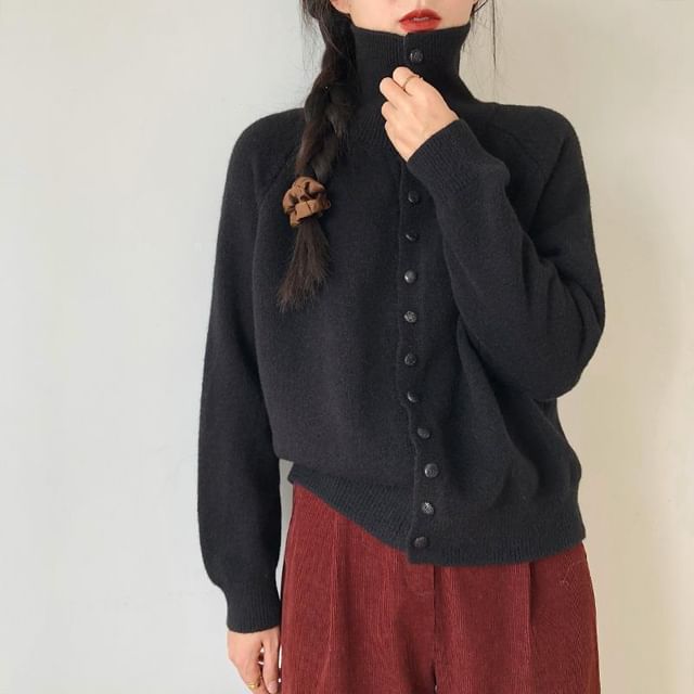 Stand Collar Plain Button Up Cardigan