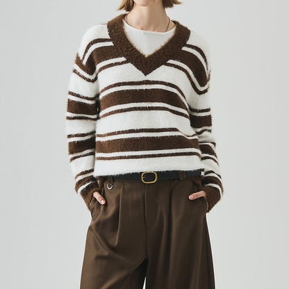 Drop Shoulder V-Neck Striped Knit Sweater