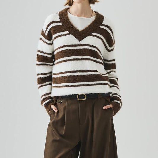 Drop Shoulder V-Neck Striped Knit Sweater