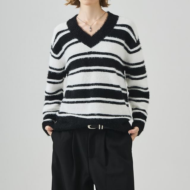 Drop Shoulder V-Neck Striped Knit Sweater