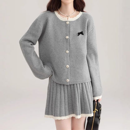 Set: Round Neck Contrast Trim Cardigan + High Waist Mini Pleated Skirt