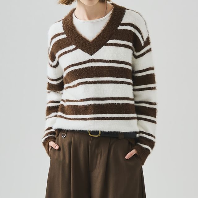Drop Shoulder V-Neck Striped Knit Sweater
