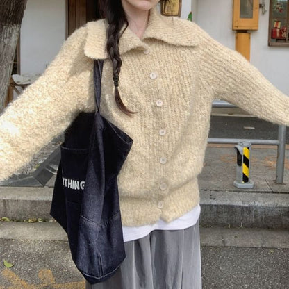 Collared Button-Up Plain Cardigan