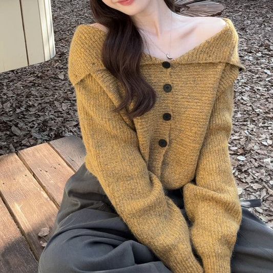 Stand Collar Melange Button-Up Crop Cardigan