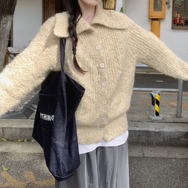 Collared Button-Up Plain Cardigan