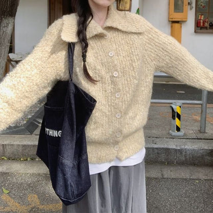 Collared Button-Up Plain Cardigan