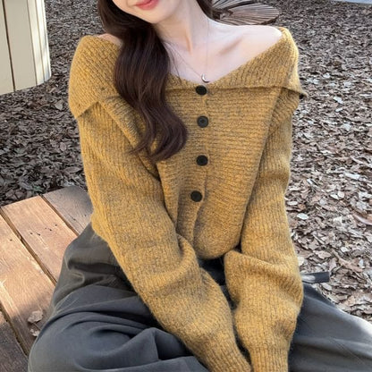 Stand Collar Melange Button-Up Crop Cardigan