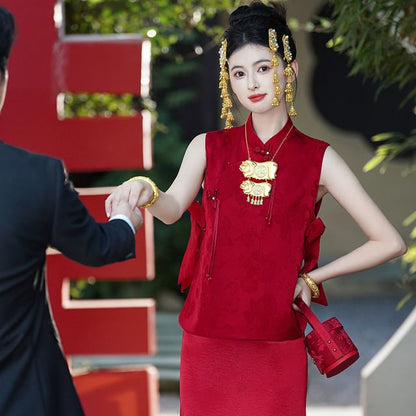 Mandarin Collar Bow Jacquard Frog Closure Chinese Wedding Vest / Spaghetti Strap V-Neck Plain Satin Maxi Trumpet Dress / Set