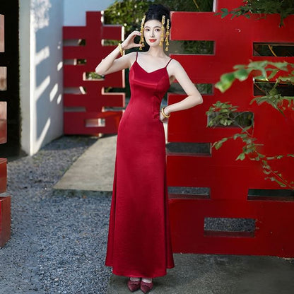 Mandarin Collar Bow Jacquard Frog Closure Chinese Wedding Vest / Spaghetti Strap V-Neck Plain Satin Maxi Trumpet Dress / Set