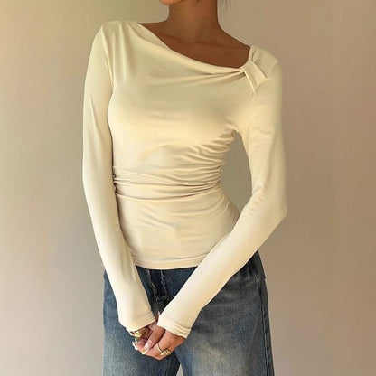 Ruched Asymmetric-Neck Long-Sleeve Tee