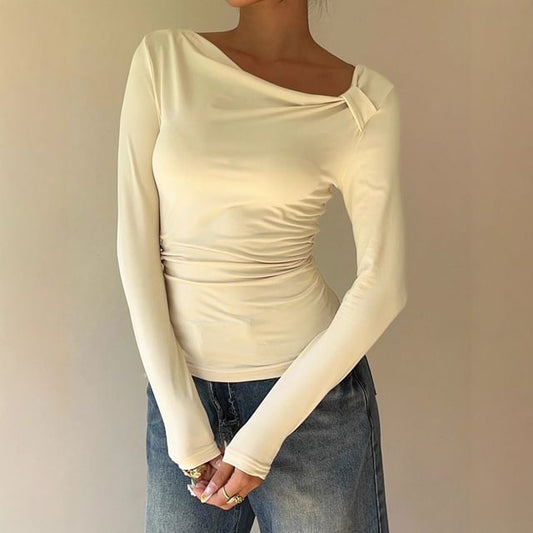 Ruched Asymmetric-Neck Long-Sleeve Tee