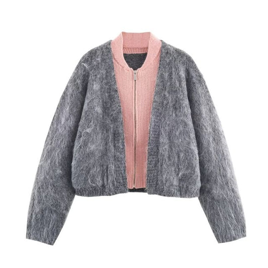 Two Tone Mock Two-Piece Zip Cardigan