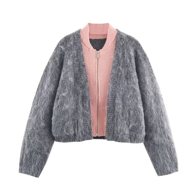 Two Tone Mock Two-Piece Zip Cardigan