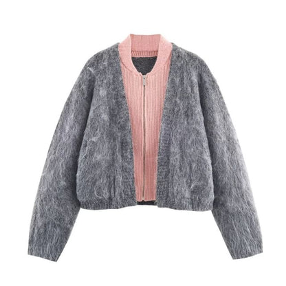 Two Tone Mock Two-Piece Zip Cardigan