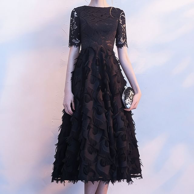 Short-Sleeve Lace Midi A-Line Evening Dress