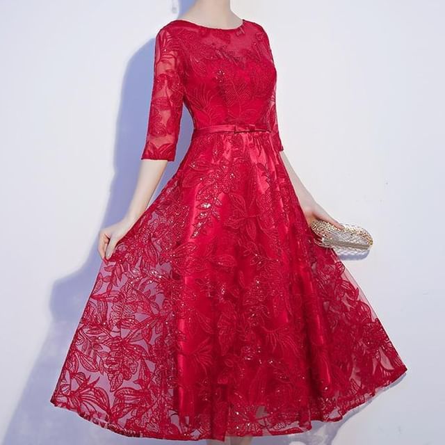 Elbow-Sleeve Crewneck Lace A-Line Evening Gown