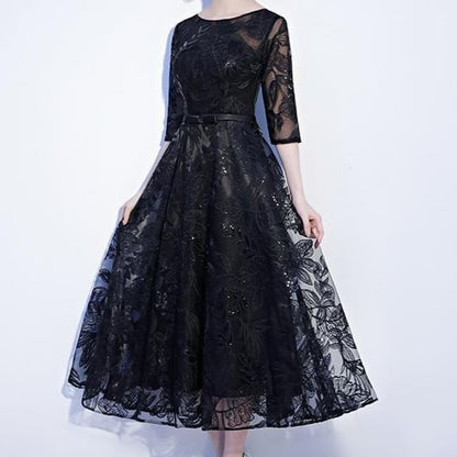 Elbow-Sleeve Crewneck Lace A-Line Evening Gown