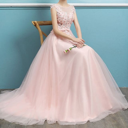 Short-Sleeve Sequin A-Line Evening Gown