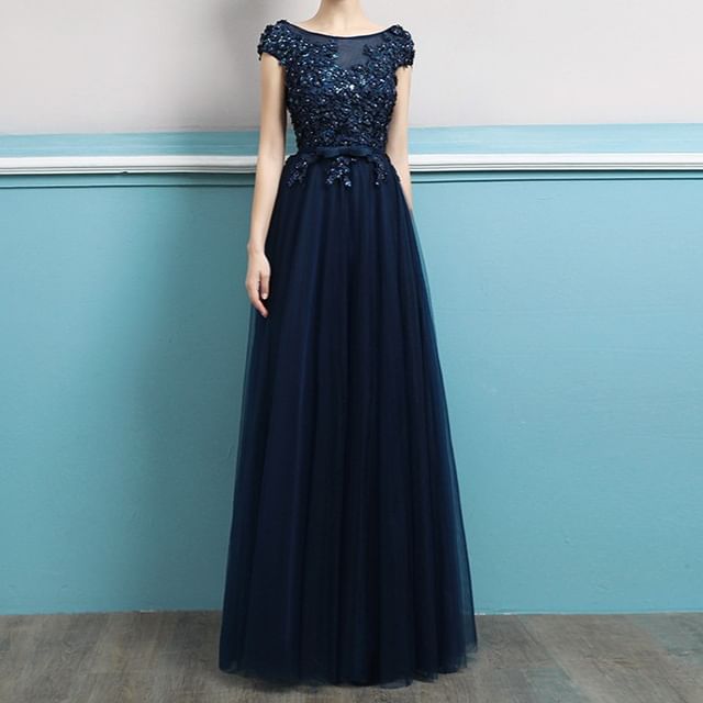 Short-Sleeve Sequin A-Line Evening Gown