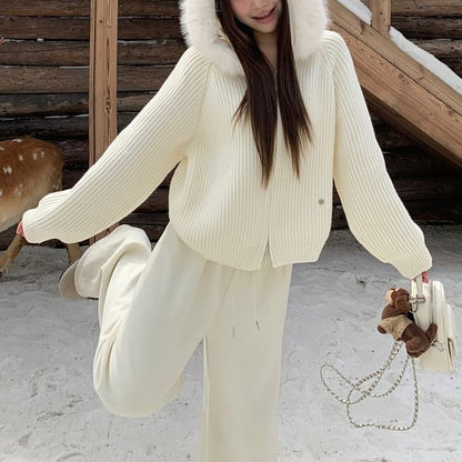 Fluffy Trim Hood Ribbed Zip Cardigan