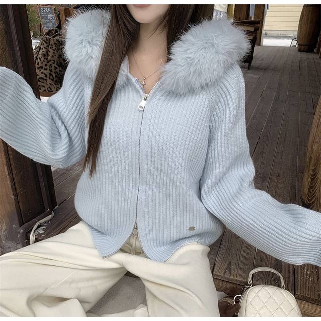 Fluffy Trim Hood Ribbed Zip Cardigan
