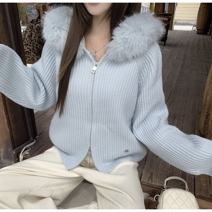 Fluffy Trim Hood Ribbed Zip Cardigan