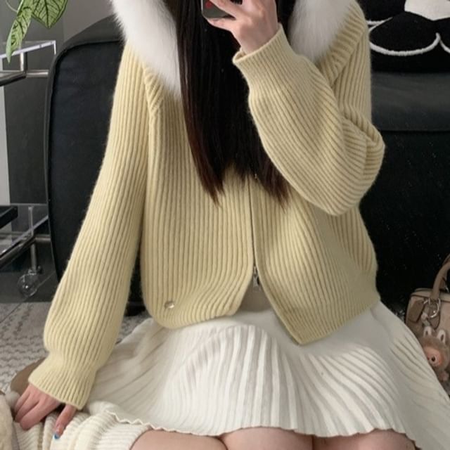 Fluffy Trim Hood Ribbed Zip Cardigan