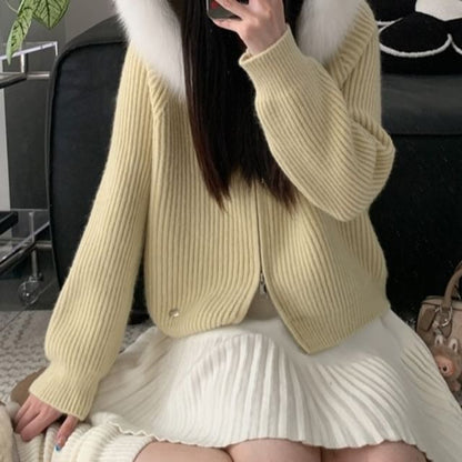 Fluffy Trim Hood Ribbed Zip Cardigan