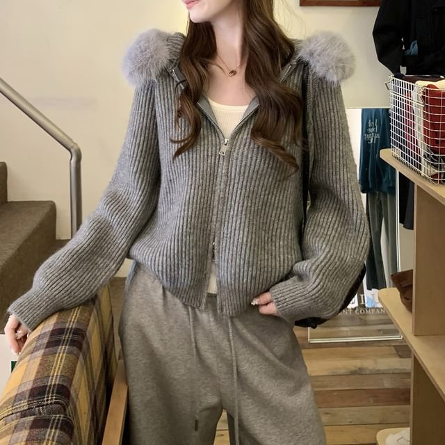 Fluffy Trim Hood Ribbed Zip Cardigan