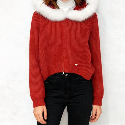 Fluffy Trim Hood Ribbed Zip Cardigan