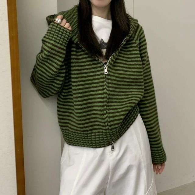 Striped Hood Zip Cardigan