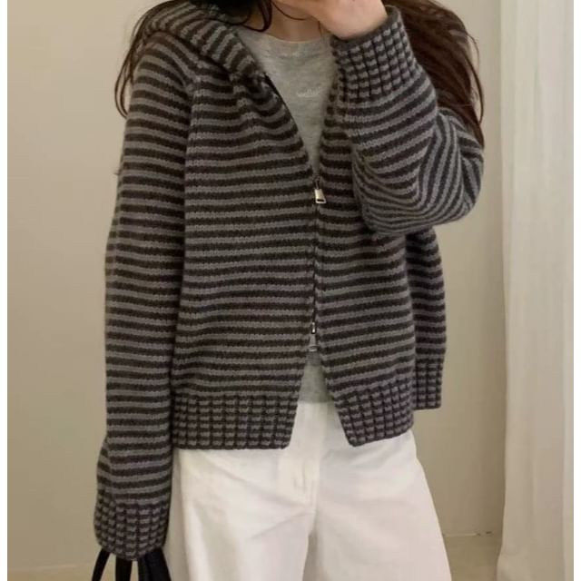 Striped Hood Zip Cardigan