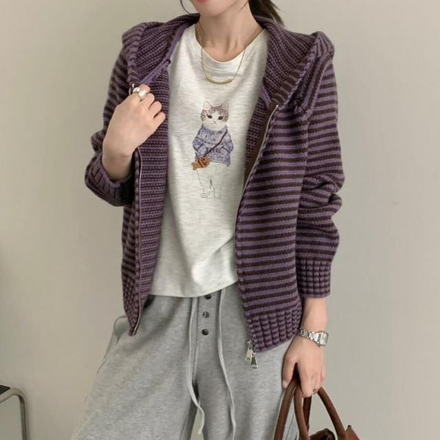 Striped Hood Zip Cardigan