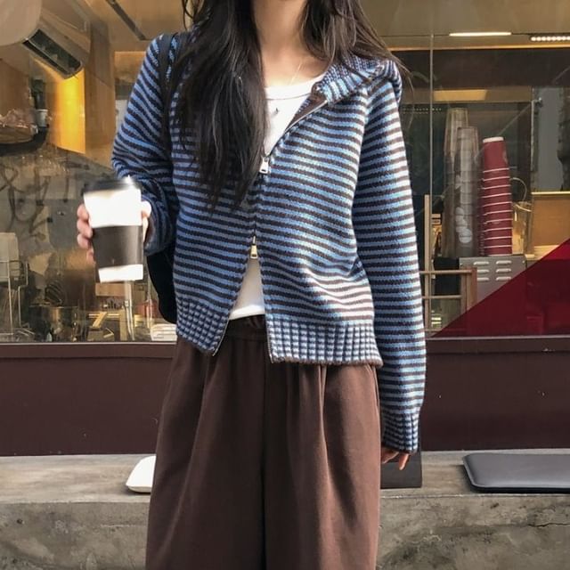 Striped Hood Zip Cardigan