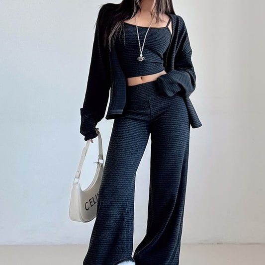 Set: Striped Open Front Cardigan + Scoop Neck Crop Cami Top + Low Waist Wide Leg Pants
