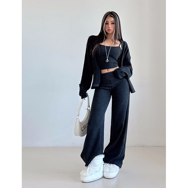 Set: Striped Open Front Cardigan + Scoop Neck Crop Cami Top + Low Waist Wide Leg Pants