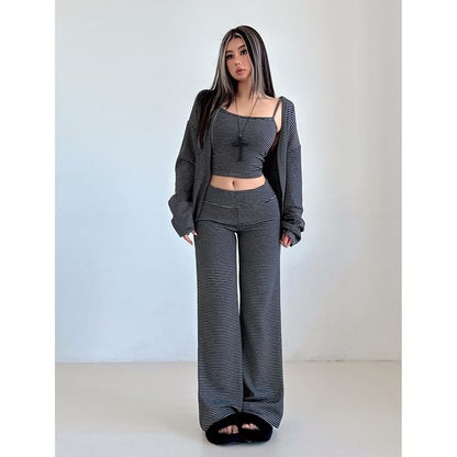 Set: Striped Open Front Cardigan + Scoop Neck Crop Cami Top + Low Waist Wide Leg Pants