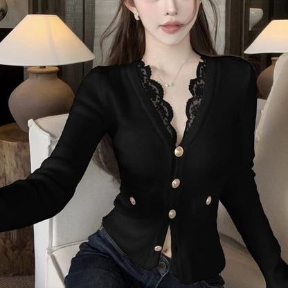 V-Neck Lace Trim Plain Crop Cardigan