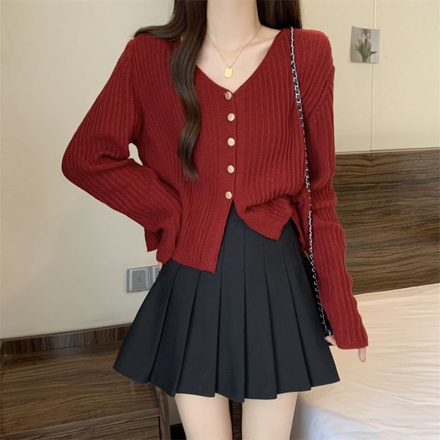 V-Neck Plain Crop Cardigan