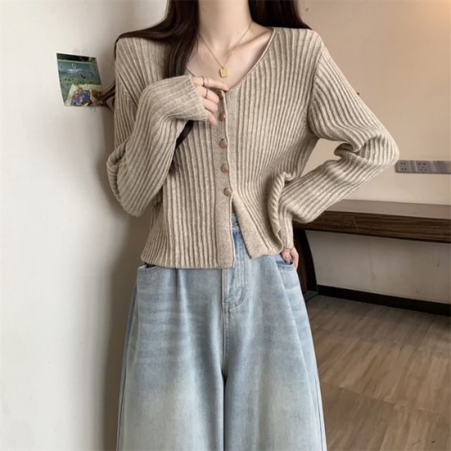 V-Neck Plain Crop Cardigan
