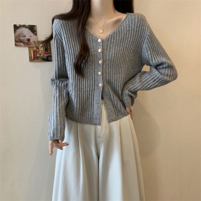 V-Neck Plain Crop Cardigan