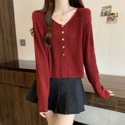 V-Neck Plain Crop Cardigan