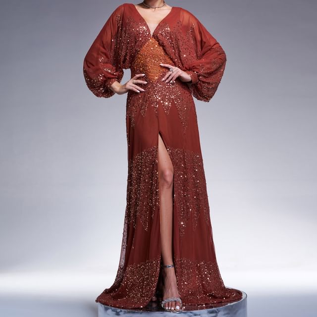 Plus Size Puff-Sleeve V-Neck Sequined Slit A-Line Evening Gown