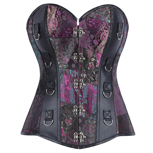 Faux Leather Corset Top with Brocade Panel and Buckle Detail