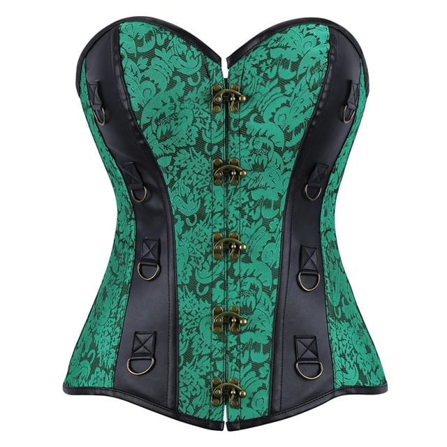 Faux Leather Corset Top with Brocade Panel and Buckle Detail