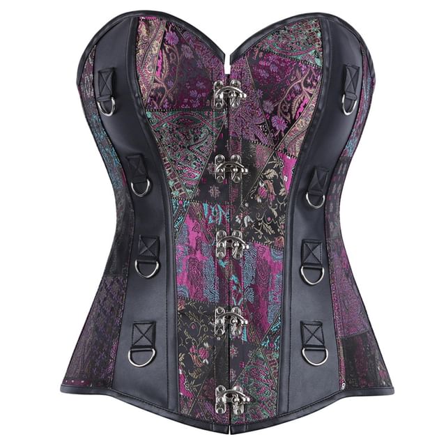 Faux Leather Corset Top with Brocade Panel and Buckle Detail