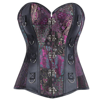 Faux Leather Corset Top with Brocade Panel and Buckle Detail
