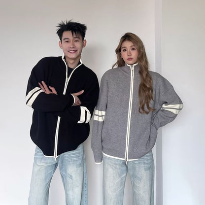 Couple Matching Stand Collar Striped Zip Oversized Cardigan